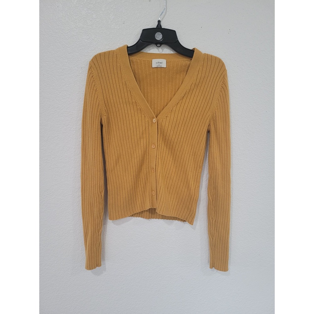 Wilfred Aritzia Mustard Yellow Ribbed V-Neck Button Front Cardigan Sweater M #14